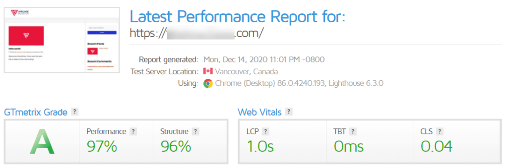 Affiliate Booster GT Metrix Score