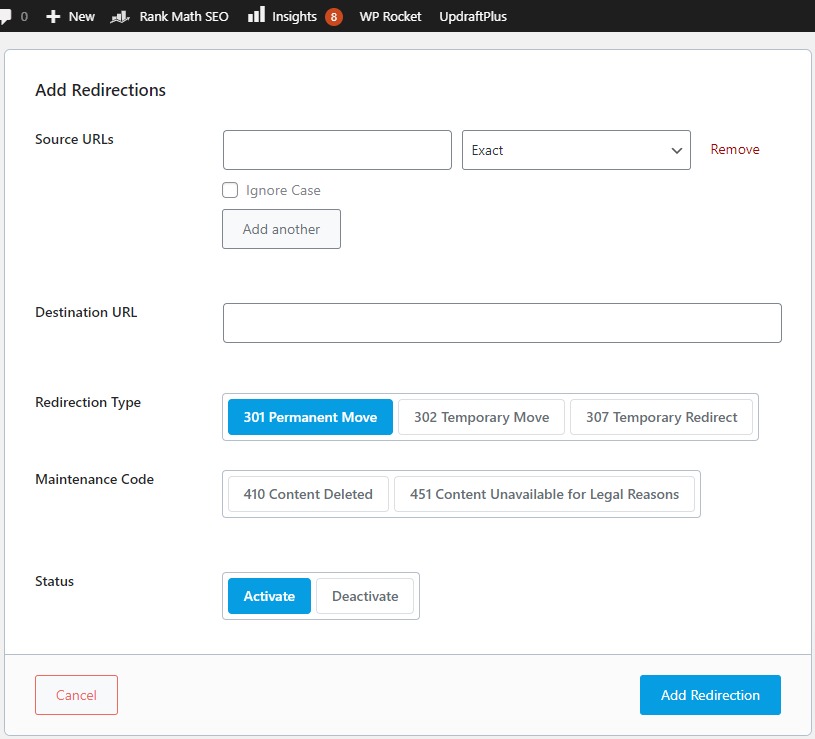 Rank Math Redirections Manager