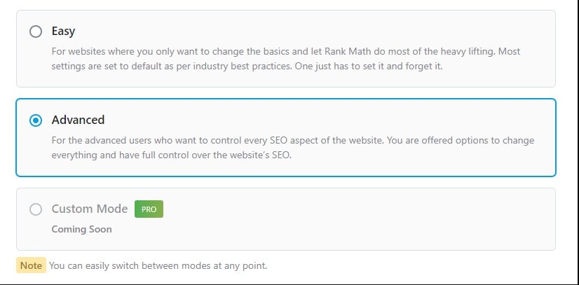 Rank Math modes