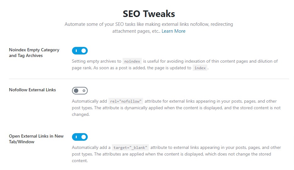 seo tweaks options