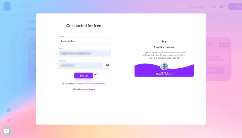 Pictory-AI-registration form